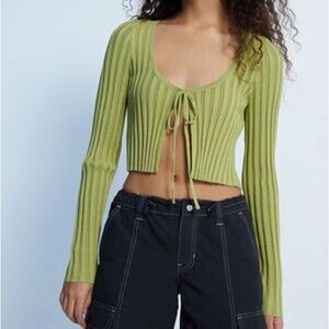La Hearts Olive Ribbed Tie-Front Crop Top